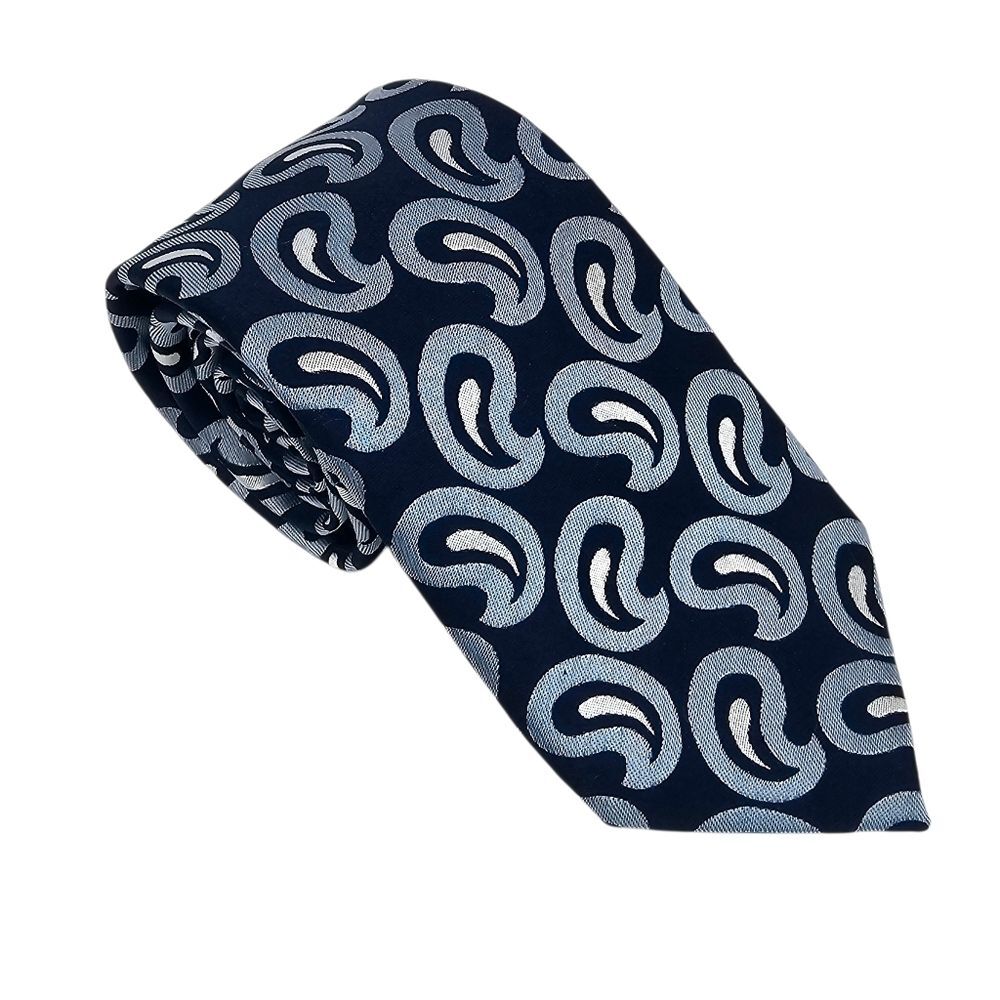 PAUL FREDRICK Navy And Light Blue White Paisley Silk Tie Classic Bold